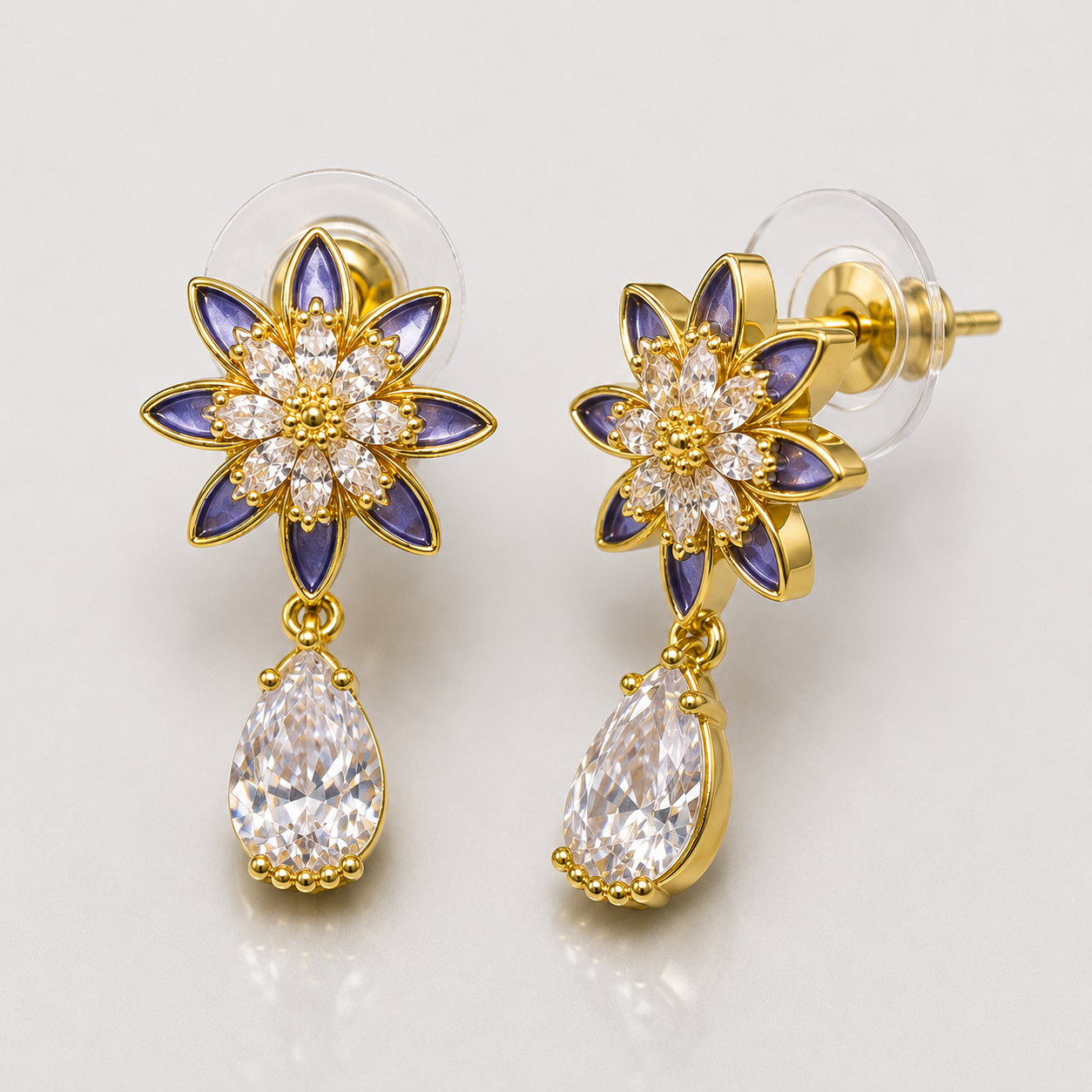 Royal Blue Floral Crystal Drop Earrings